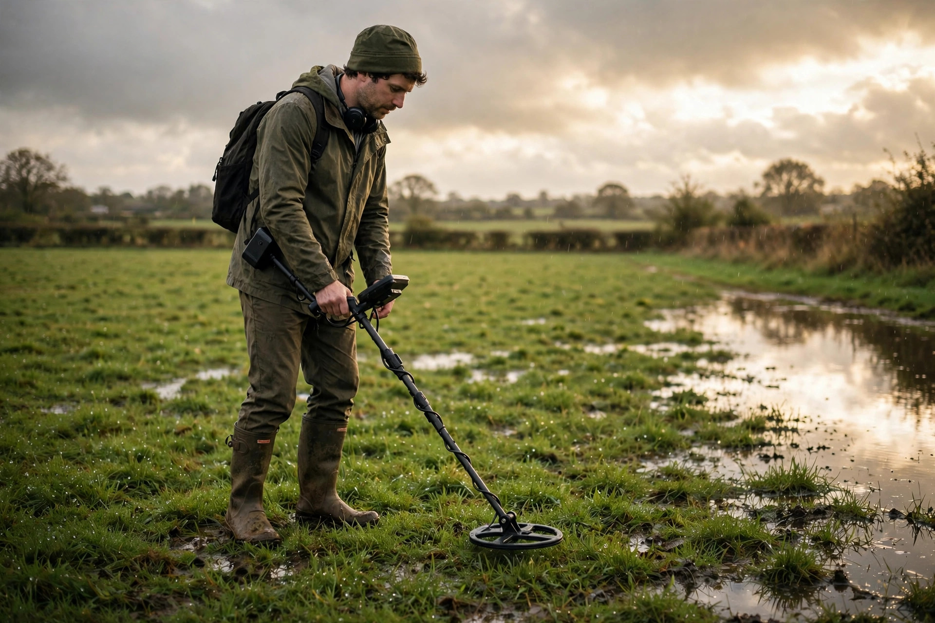 A detectorist in boots sweeping a metal detector over a wet, puddled field under a clearing storm sky