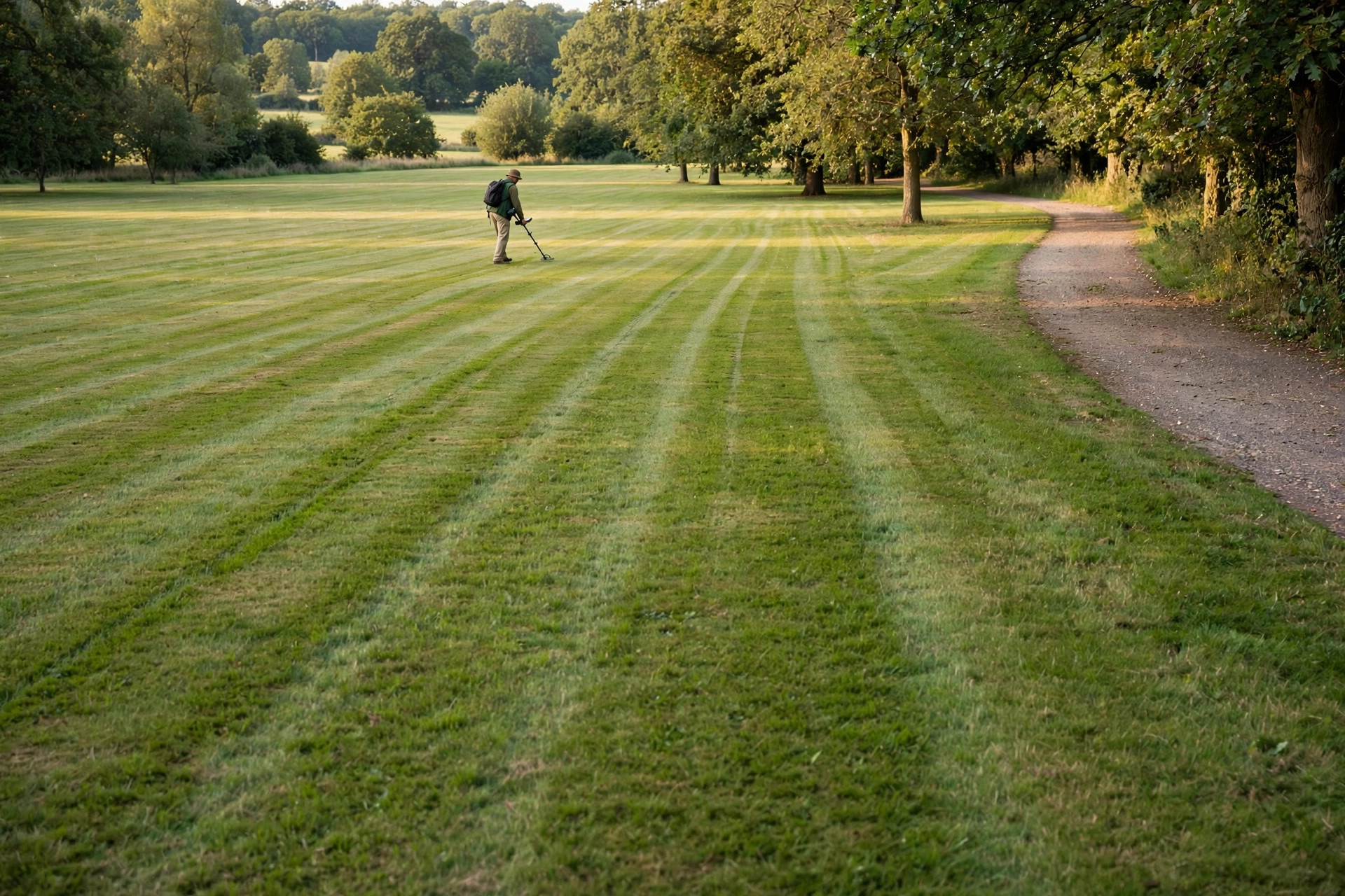 A detectorist sweeping in straight lines across a broad striped park lawn beside a tree-lined path