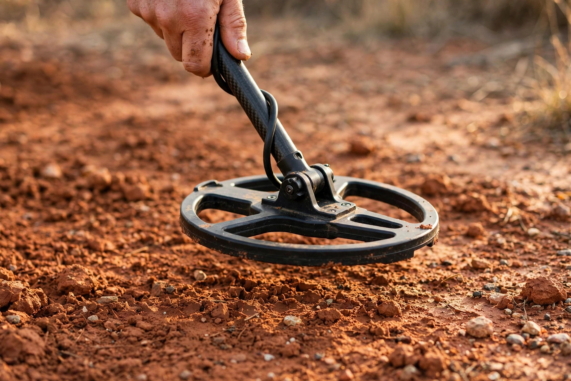 A detectorist's hand holding a search coil just above reddish-brown clay soil, mid pump motion