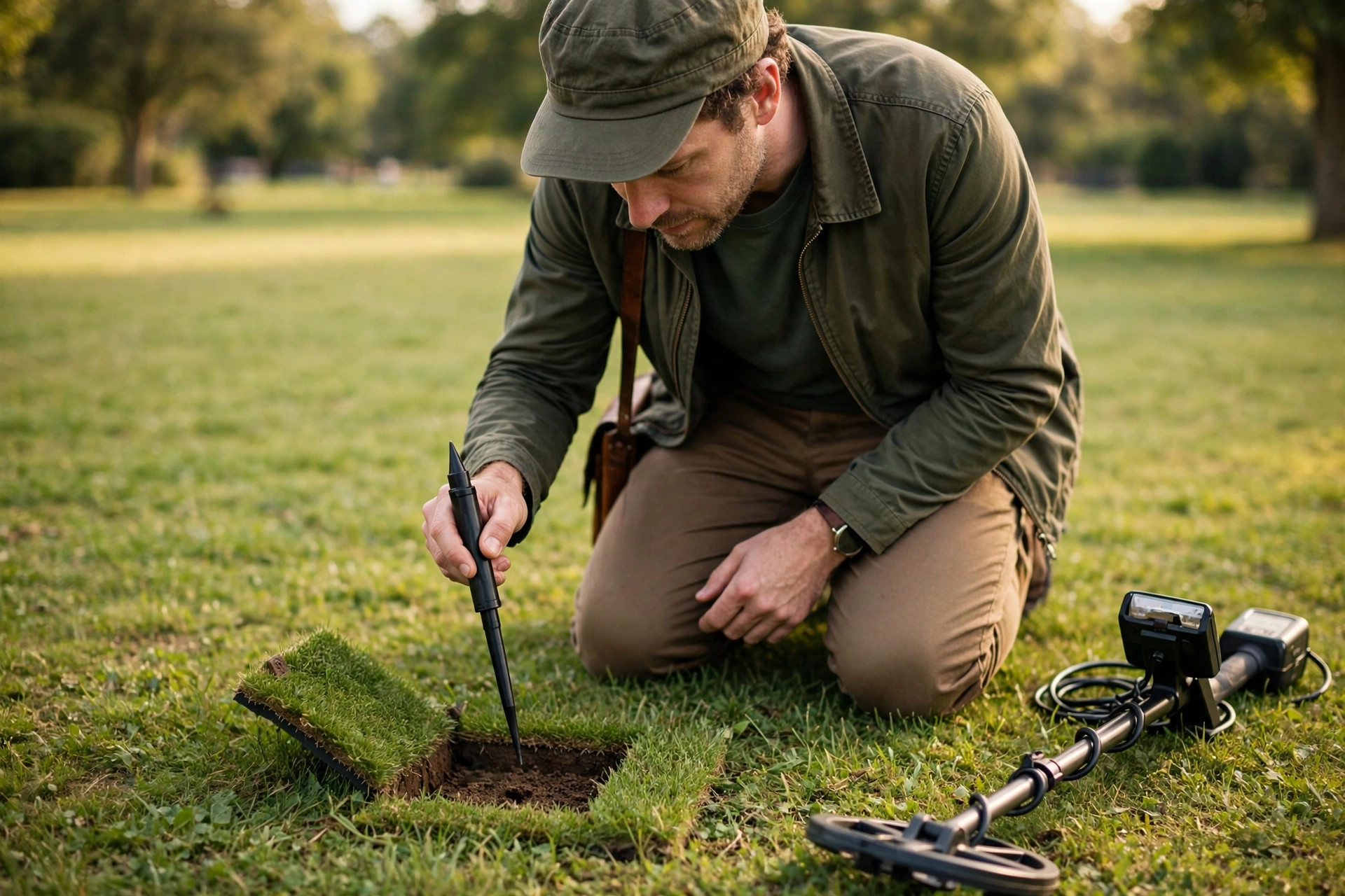 A detectorist kneeling on park grass, probing a neatly cut hinged turf plug with a handheld pinpointer