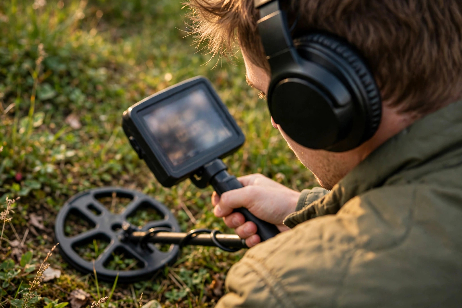 Over-the-shoulder view of a detectorist wearing headphones, holding a detector with its screen blurred and unreadable